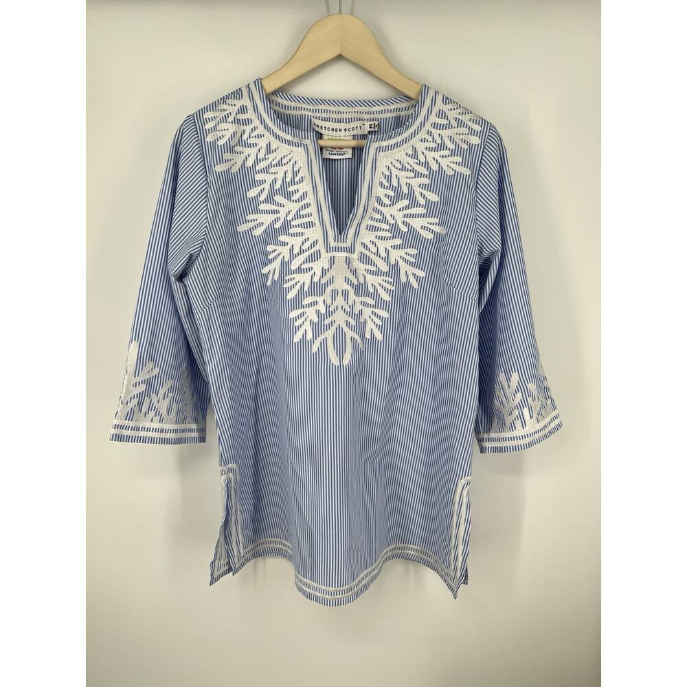 Gretchen Scott Striped Tunic Top Size Medium Blue White Embroidery